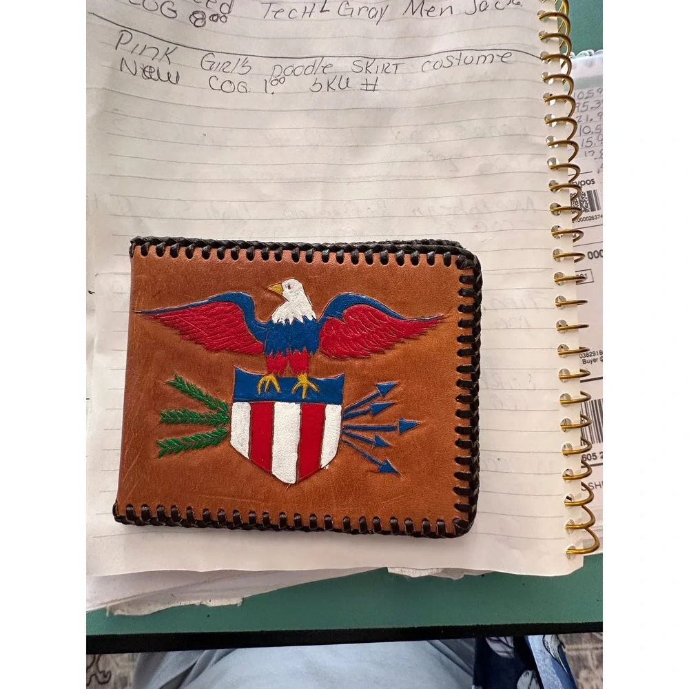 Hand Tooled Leather‎ Bifold Wallet American Eagle Shield Whipstitch Tan Brown